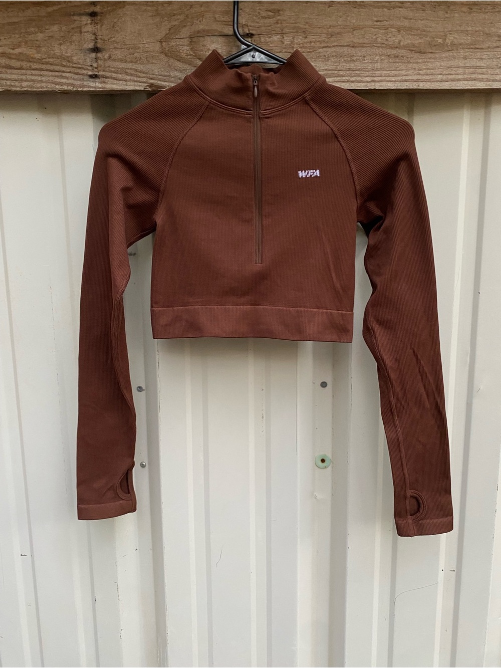 White Fox Active Brown Quarter Zip Cropped Long Sleeve Top Small